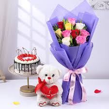 Black Forest Cake With Mixed Roses N Teddy Bear Combo